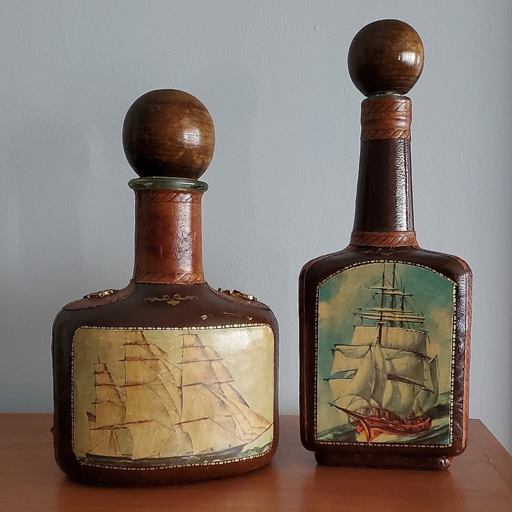 Pair of Vintage Fausto Conturi Italian Genuine Leather Wrapped Bottle Decanters